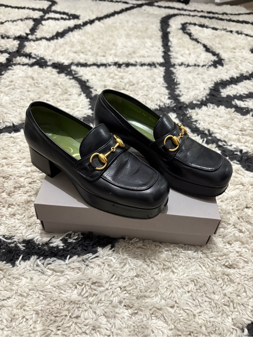 Gucci Black Leather Platform Horsebit Loafers with Gold Hardware